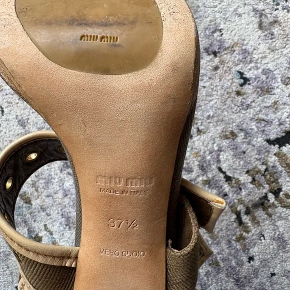 Y2K MIU MIU Double Buckle, Leather & Glitter, Olive Canvas Heels - Picture 9 of 16